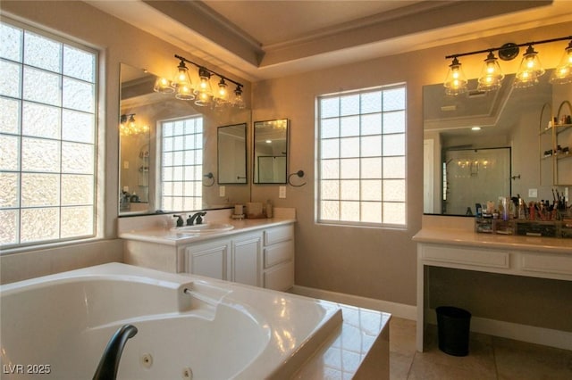 bathroom featuring vanity, tile patterned flooring, a tray ceiling, independent shower and bath, and ornamental molding