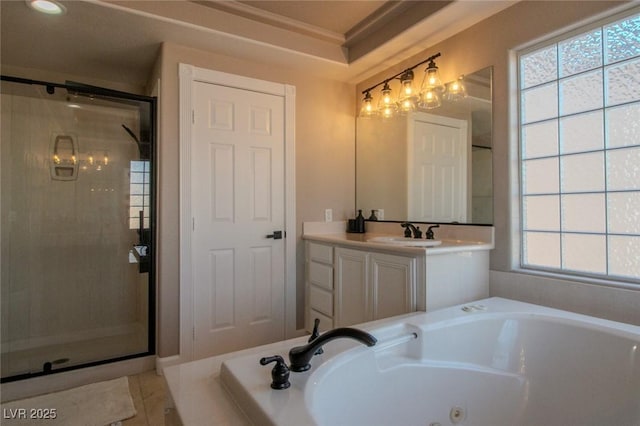 bathroom with vanity, tile patterned floors, a wealth of natural light, and plus walk in shower