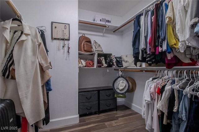 walk in closet with dark hardwood / wood-style flooring