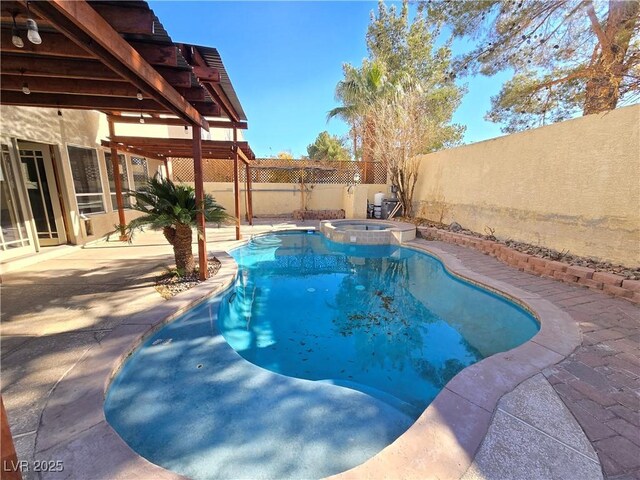 view of pool featuring a pergola, a patio area, and an in ground hot tub