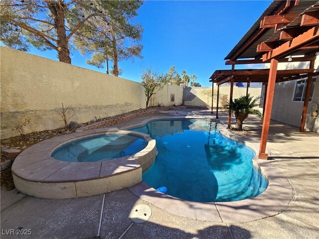 view of pool featuring a pergola, an in ground hot tub, and a patio