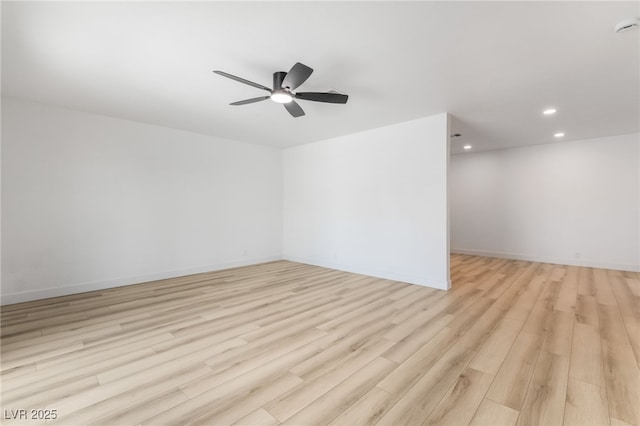 interior space with ceiling fan and light wood-type flooring