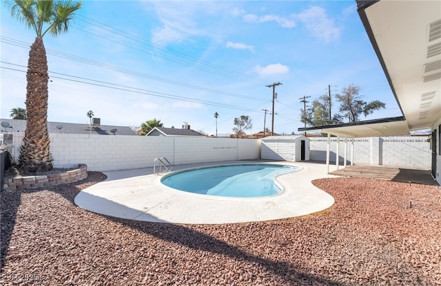 view of swimming pool with a patio area and a shed