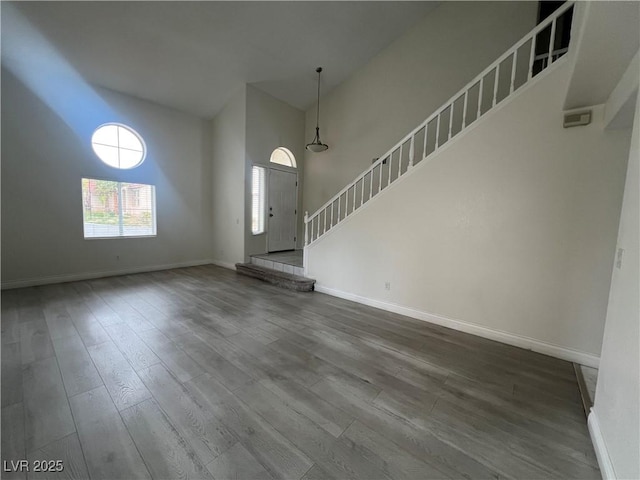 foyer featuring a towering ceiling and hardwood / wood-style floors