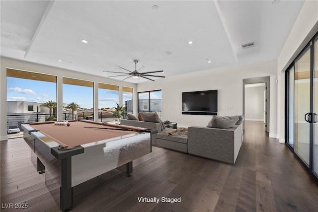 playroom with dark wood-type flooring, ceiling fan, and billiards