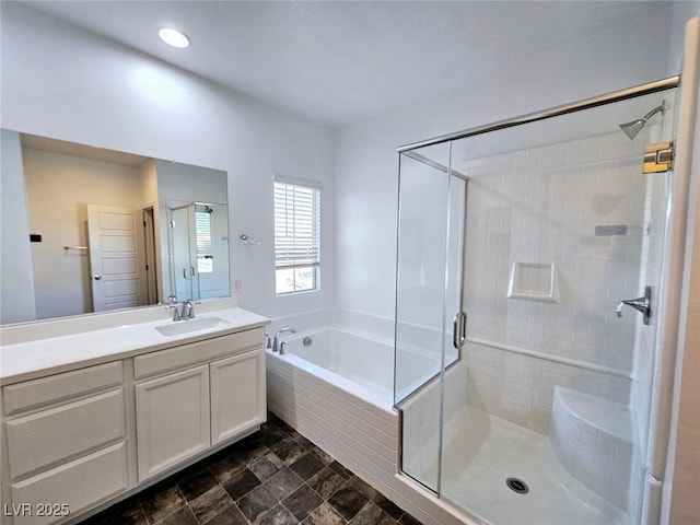 846 Star Estates Ave, North Las Vegas, NV 89086 - bathroom featuring a shower stall, vanity, a garden tub, and recessed lighting