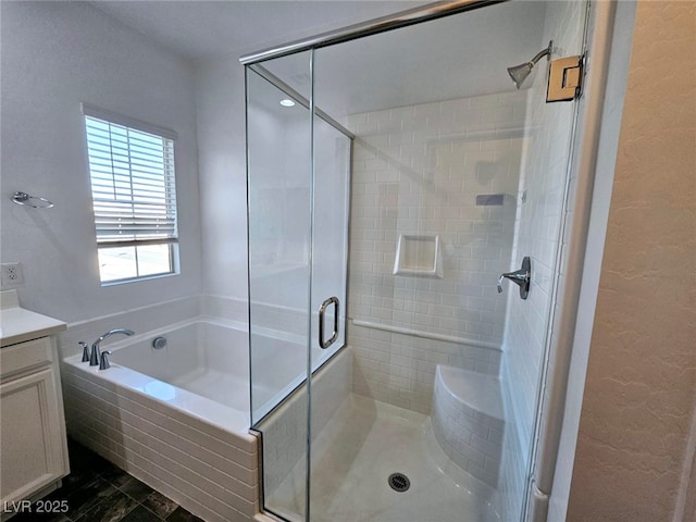 846 Star Estates Ave, North Las Vegas, NV 89086 - bathroom featuring a stall shower, vanity, a bath, and a textured wall