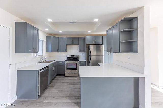 kitchen featuring stainless steel appliances, sink, gray cabinets, kitchen peninsula, and a tray ceiling