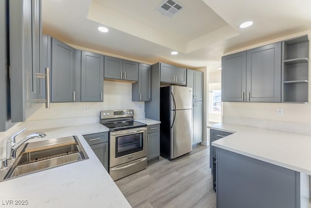 kitchen featuring gray cabinets, a raised ceiling, sink, light wood-type flooring, and stainless steel appliances