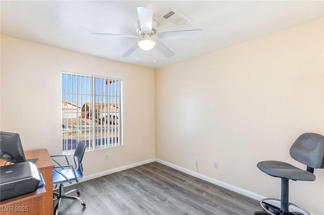 office space featuring ceiling fan and wood-type flooring