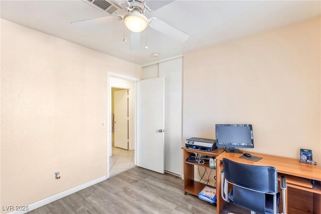 office with ceiling fan and light hardwood / wood-style flooring