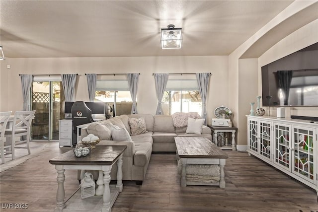 living room with dark hardwood / wood-style floors