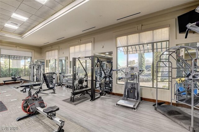 workout area featuring hardwood / wood-style flooring and crown molding