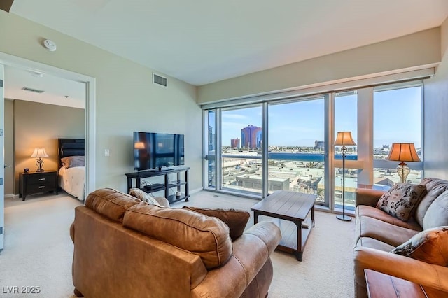 living room with light carpet