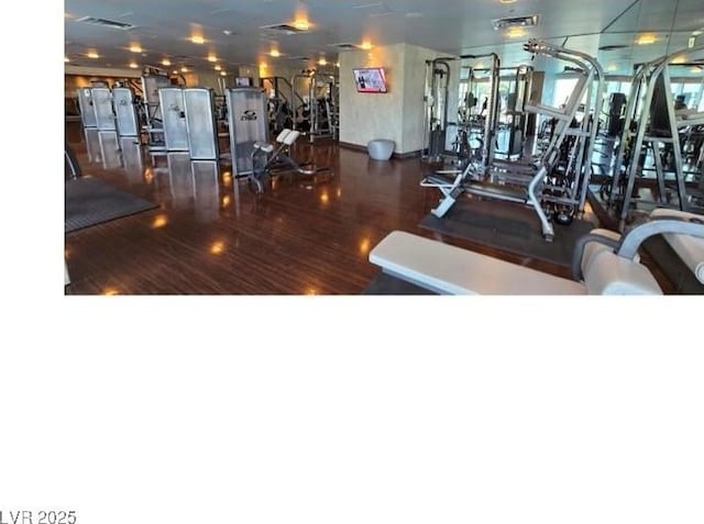 workout area featuring dark wood-type flooring