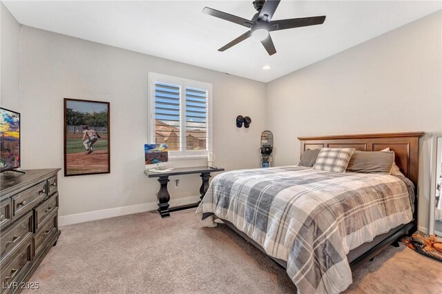 bedroom featuring ceiling fan and light colored carpet