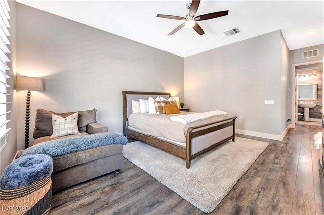 bedroom featuring ceiling fan and dark hardwood / wood-style flooring