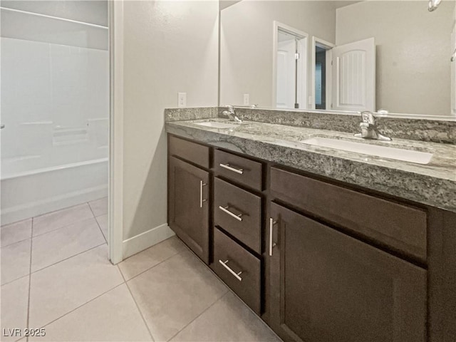 bathroom featuring washtub / shower combination, tile patterned flooring, and vanity