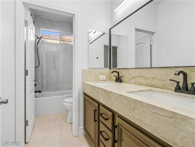 full bathroom with toilet, vanity, tile patterned flooring, combined bath / shower with glass door, and decorative backsplash