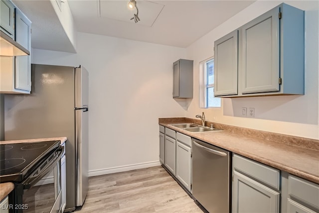 kitchen featuring light hardwood / wood-style floors, gray cabinets, electric range, dishwasher, and sink