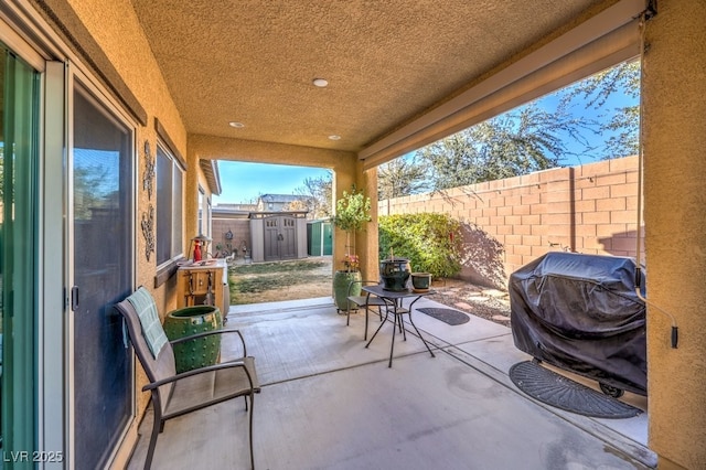 view of patio / terrace with grilling area and a shed