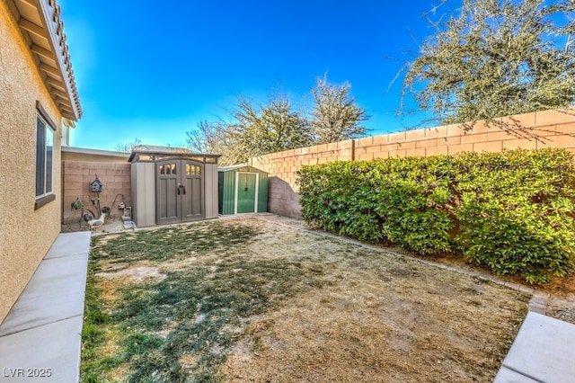 view of yard featuring a storage shed