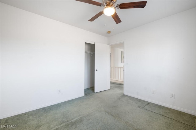 unfurnished bedroom featuring ceiling fan, light colored carpet, and a closet