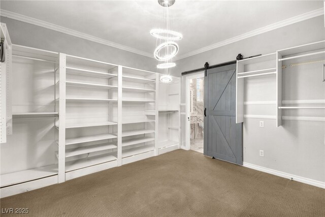 walk in closet with a barn door and carpet floors