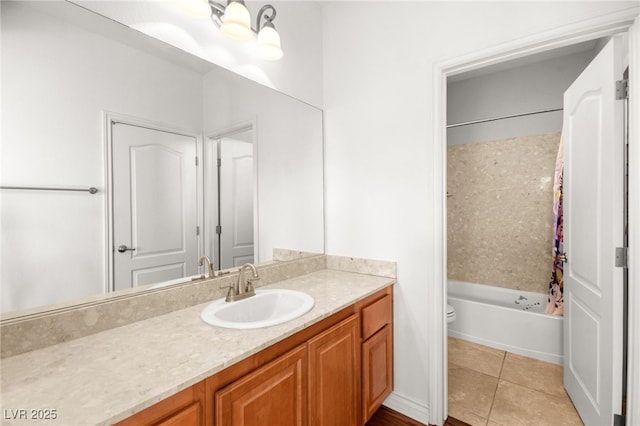 full bathroom featuring toilet, vanity, tile patterned flooring, and shower / bath combination with curtain