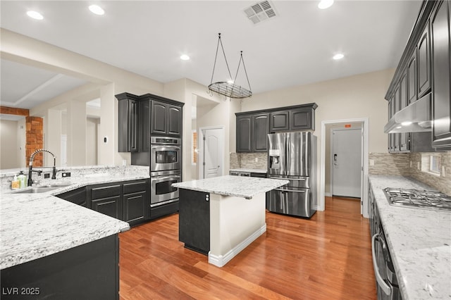 kitchen with tasteful backsplash, sink, stainless steel appliances, and a kitchen island