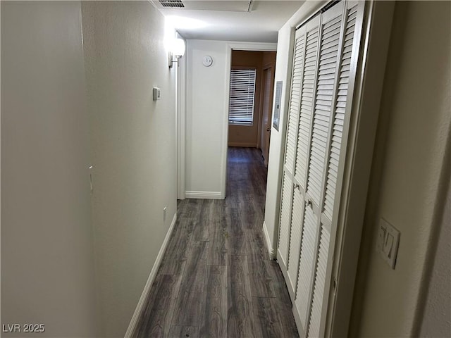 hallway with dark hardwood / wood-style flooring