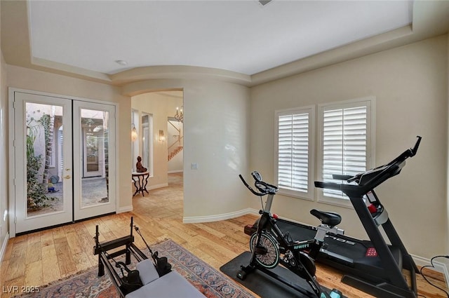 workout area featuring french doors, plenty of natural light, a tray ceiling, and hardwood / wood-style flooring