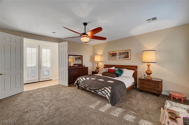 bedroom with ceiling fan, access to outside, french doors, and carpet flooring