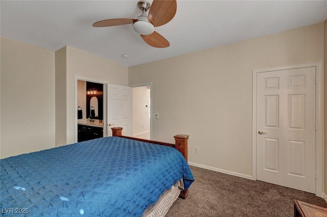 bedroom with ceiling fan, connected bathroom, and carpet floors