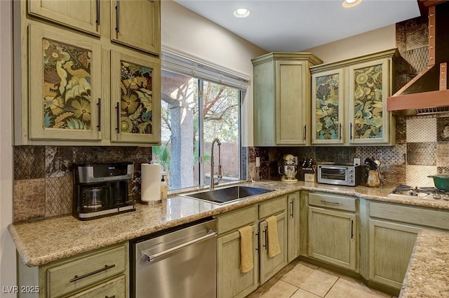 kitchen with tasteful backsplash, sink, light tile patterned flooring, white gas cooktop, and stainless steel dishwasher