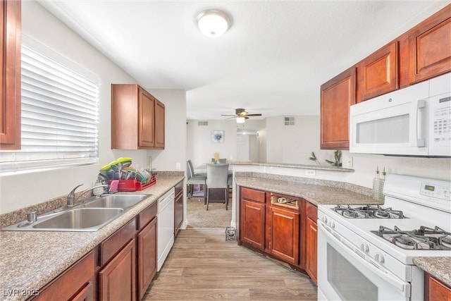 kitchen featuring ceiling fan, light wood-type flooring, sink, and white appliances