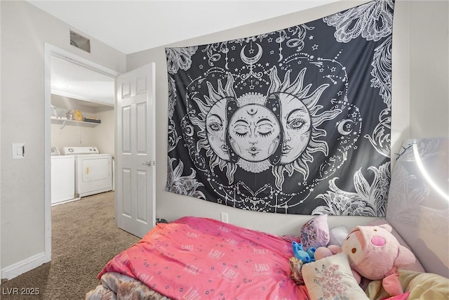 bedroom with carpet flooring and washing machine and clothes dryer