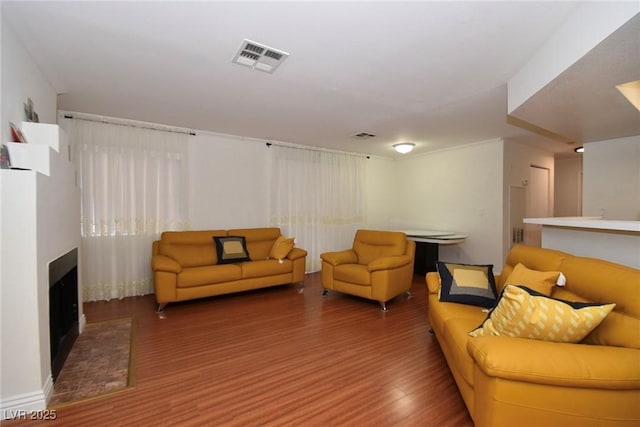 living room featuring dark wood-type flooring