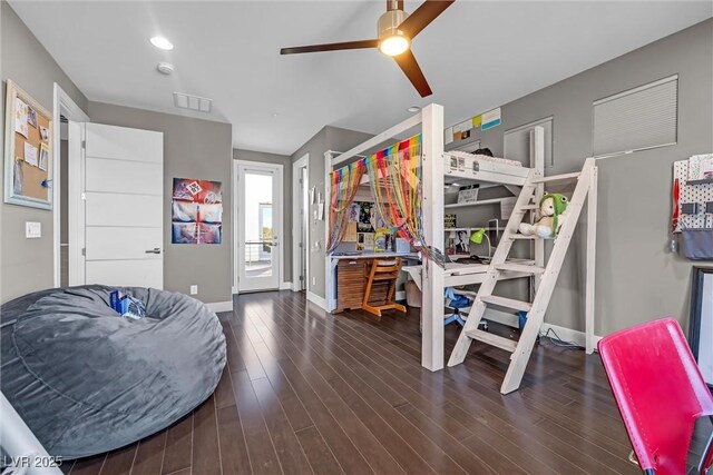 bedroom featuring dark wood-type flooring and ceiling fan