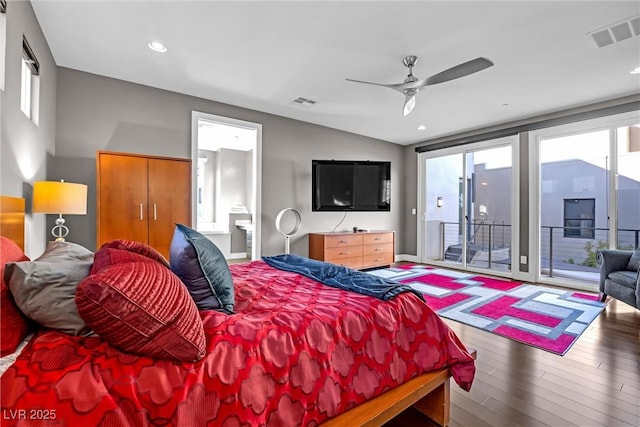 bedroom with ceiling fan, access to exterior, ensuite bathroom, and wood-type flooring