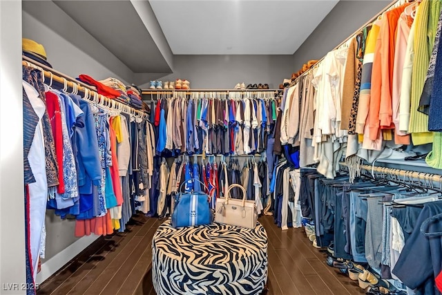 walk in closet with dark wood-type flooring