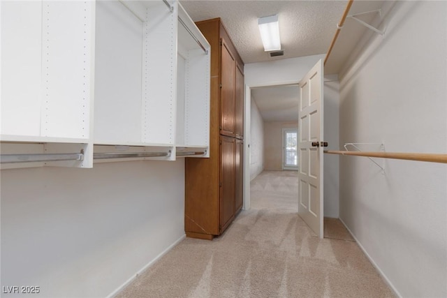 walk in closet with light carpet