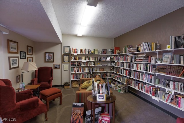 living area featuring a textured ceiling and carpet flooring