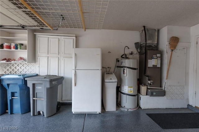 garage with white fridge, secured water heater, and heating unit