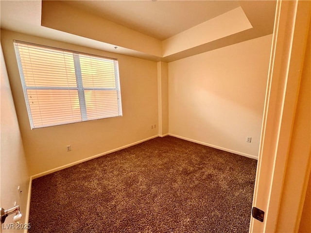 unfurnished room with a raised ceiling and carpet floors