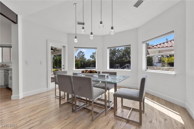 dining room with ceiling fan and light wood-type flooring