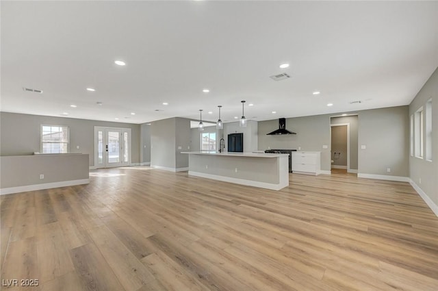 unfurnished living room with light hardwood / wood-style floors and sink