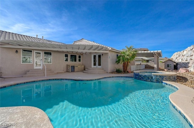 view of swimming pool featuring an in ground hot tub, a patio, and a pergola