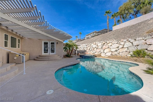 view of swimming pool featuring french doors, a pergola, and a patio