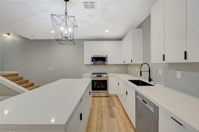 kitchen with an inviting chandelier, white cabinetry, stainless steel appliances, pendant lighting, and sink